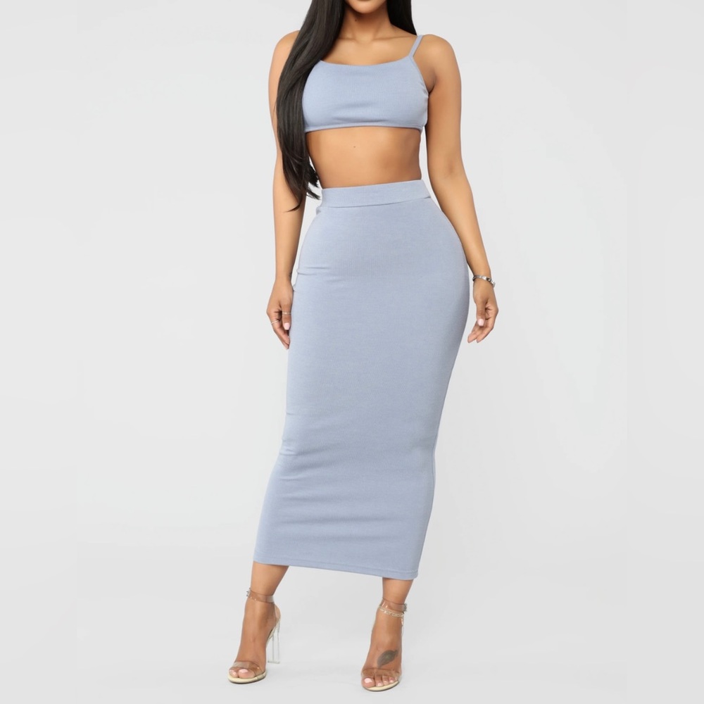 Blue Two Piece Skirt Set